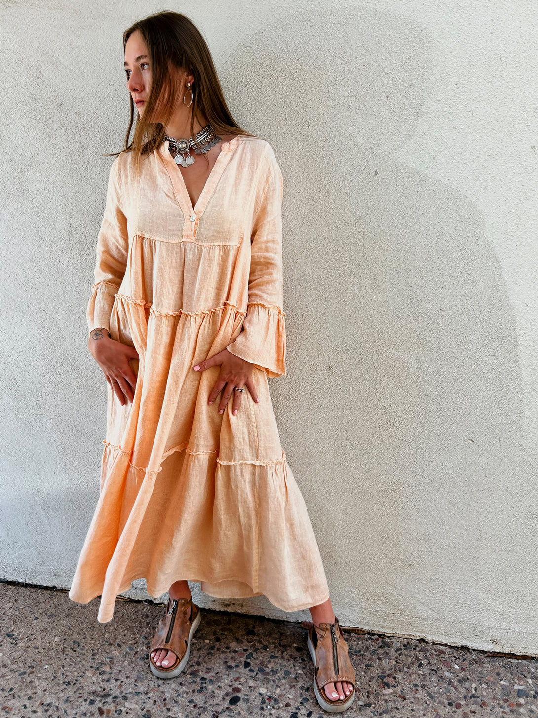 Conscious Coterie Adele Dress in Peach on model looking right full front view