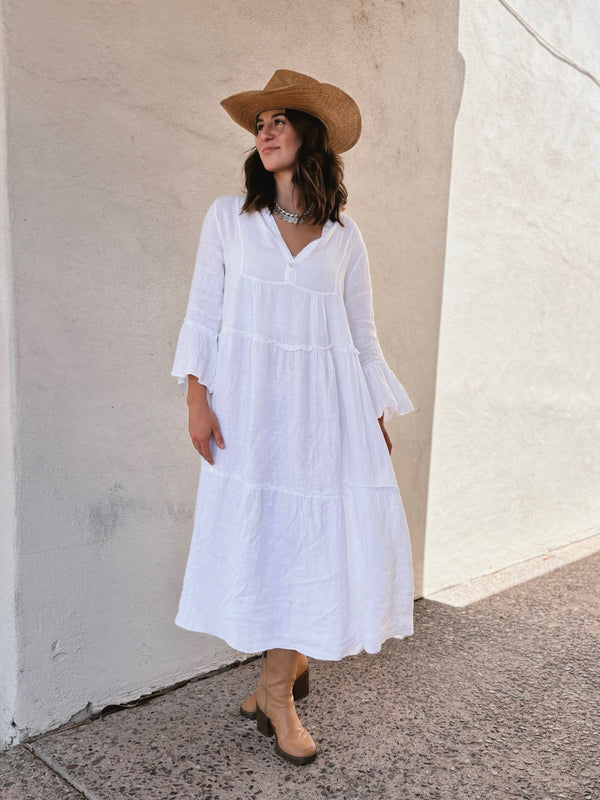 Conscious Coterie Adele Dress in White on model looking right full front view