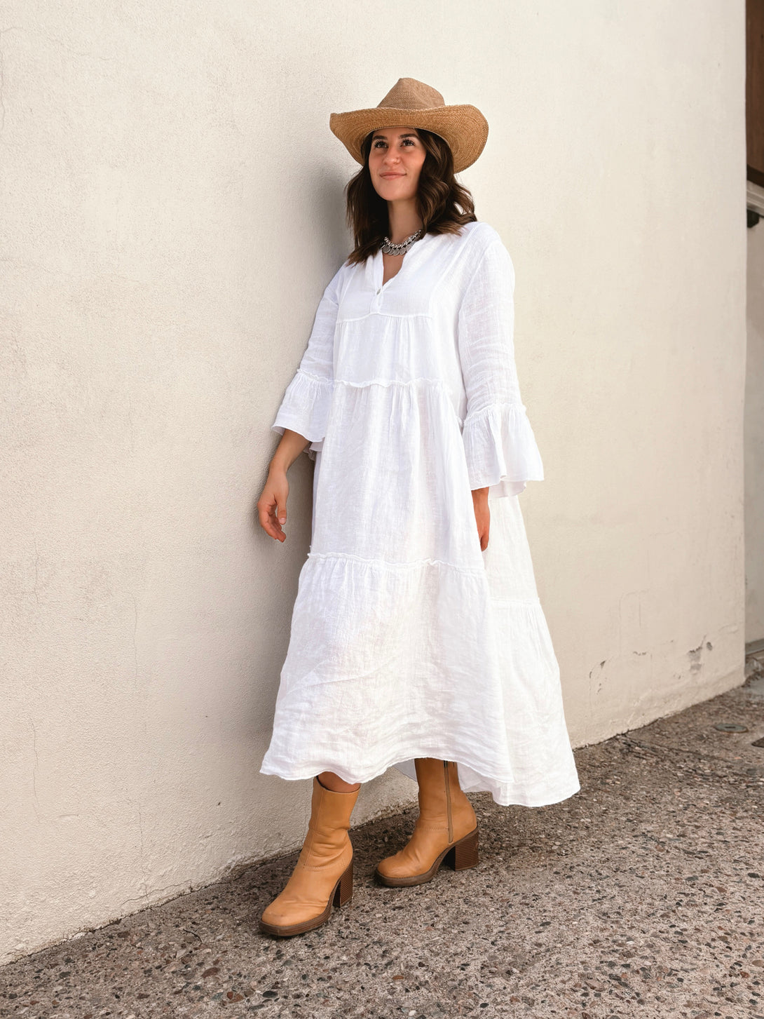 Conscious Coterie Adele Dress in White on model walking full front view