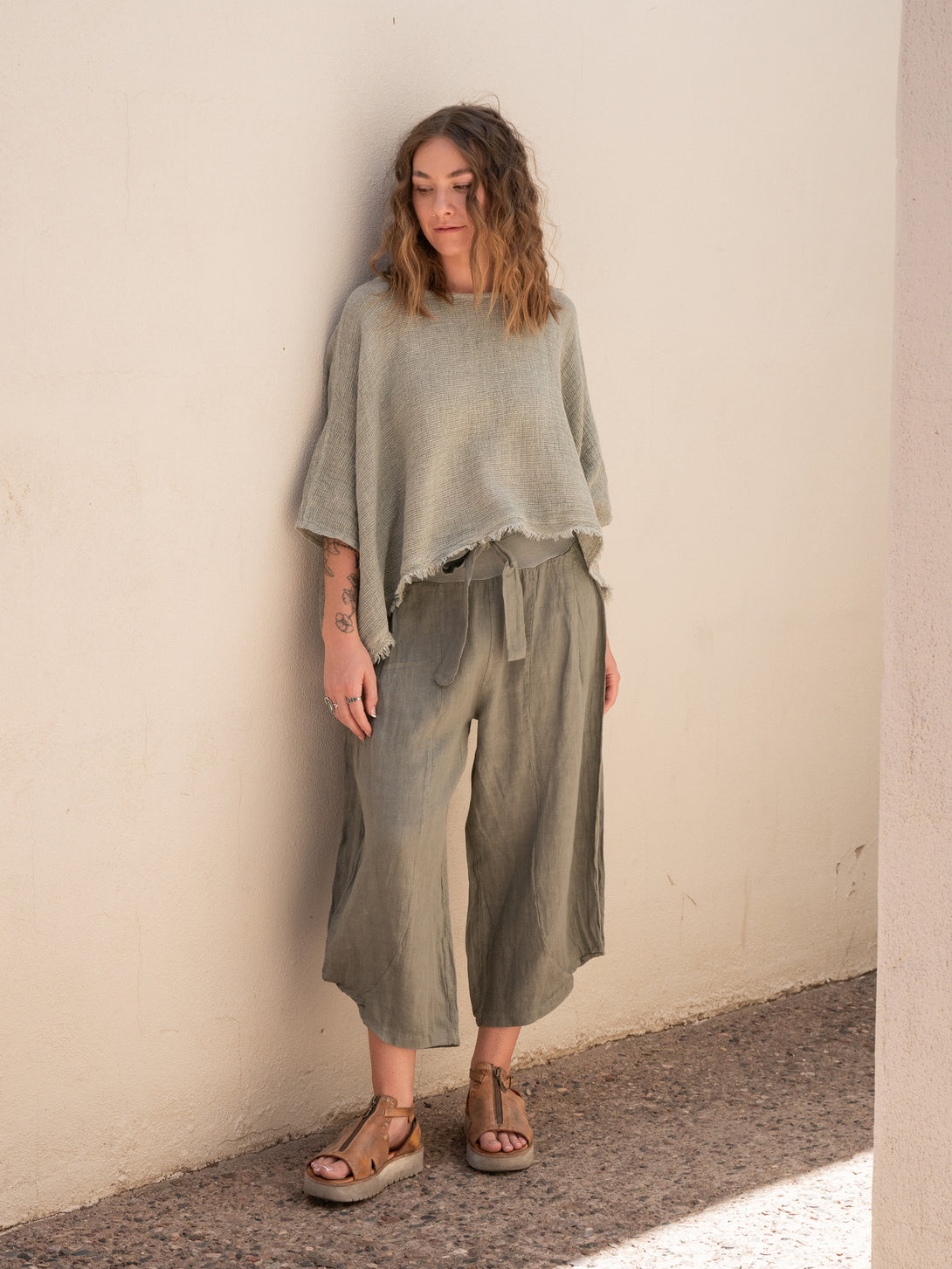 Conscious Coterie Bondi Linen Top in Olive on model full front view