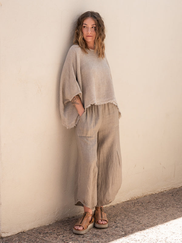 Conscious Coterie Bondi Linen Top in Taupe on model full front view