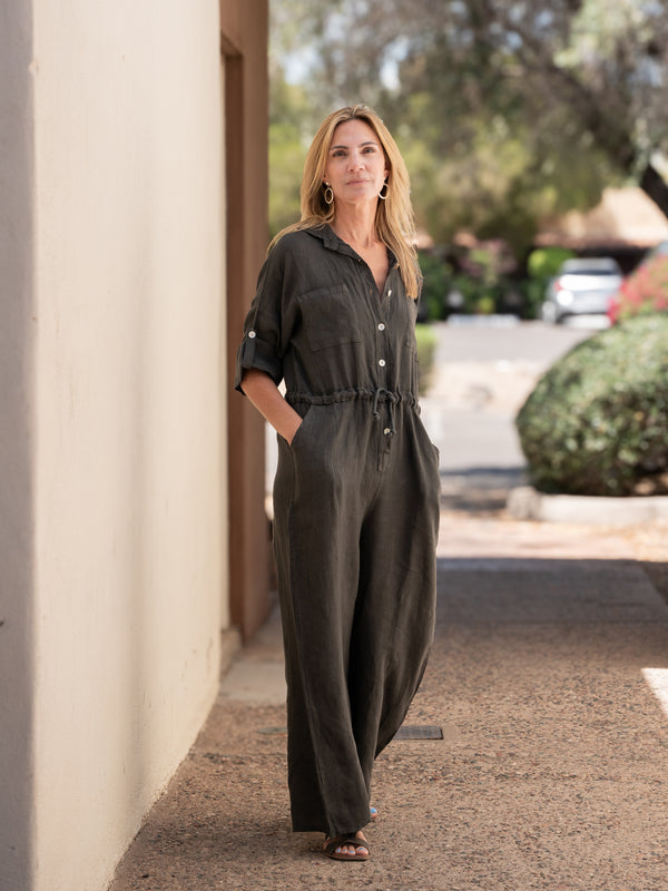 Conscious Coterie Brooke Linen Jumpsuit in charcoal on model main full front view