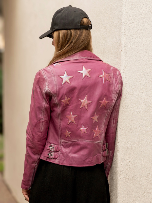 Conscious Coterie Christy star leather jacket in dark pink close up back view of jacket showing star details