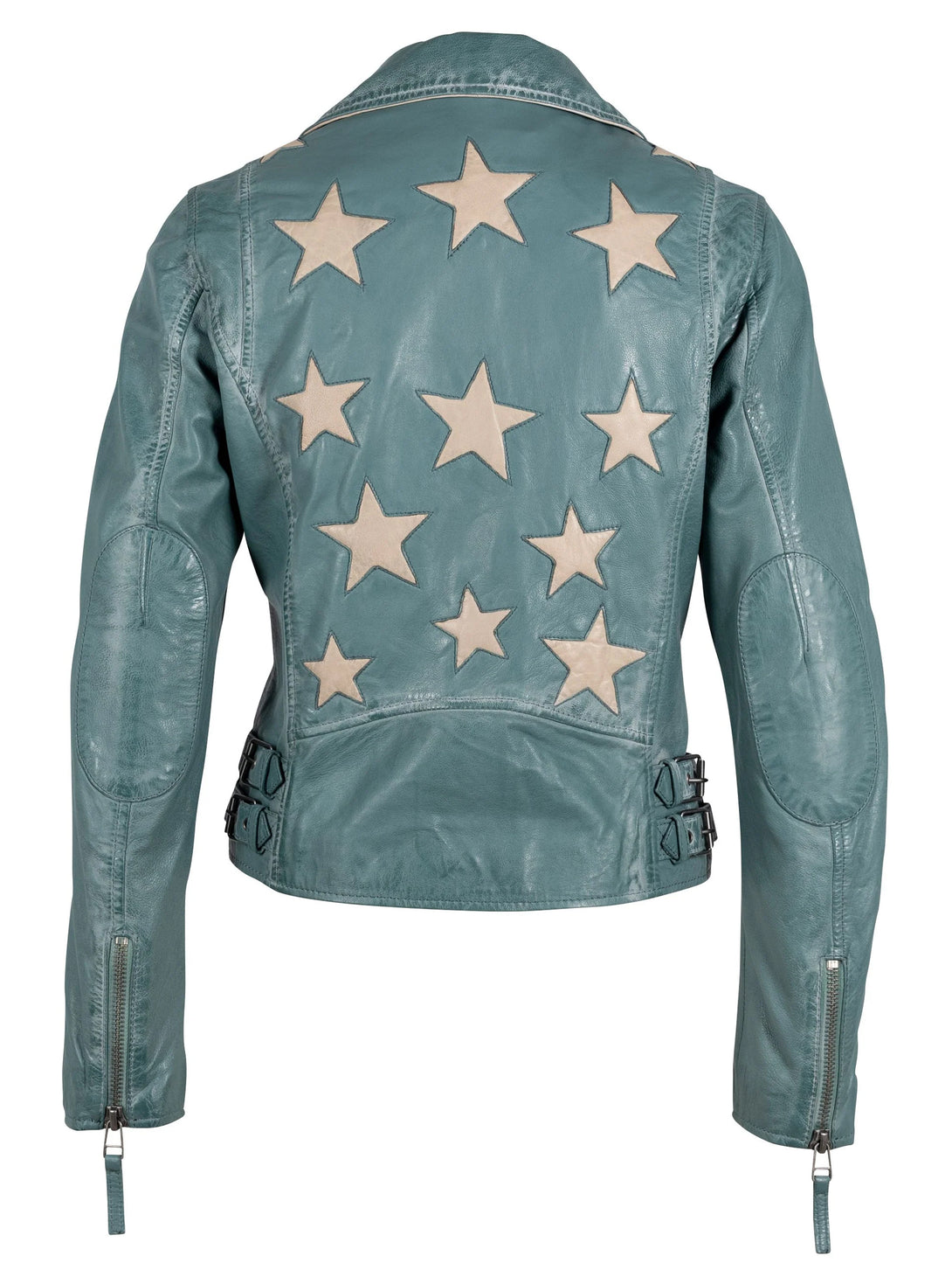 Conscious Coterie Christy Star Leather Jacket in sea green on mannequin back view