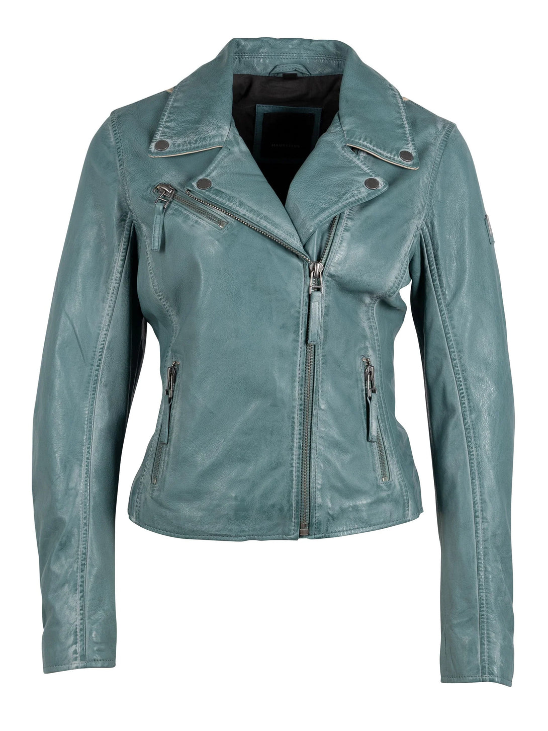 Conscious Coterie Christy Star Leather Jacket in sea green on mannequin front view