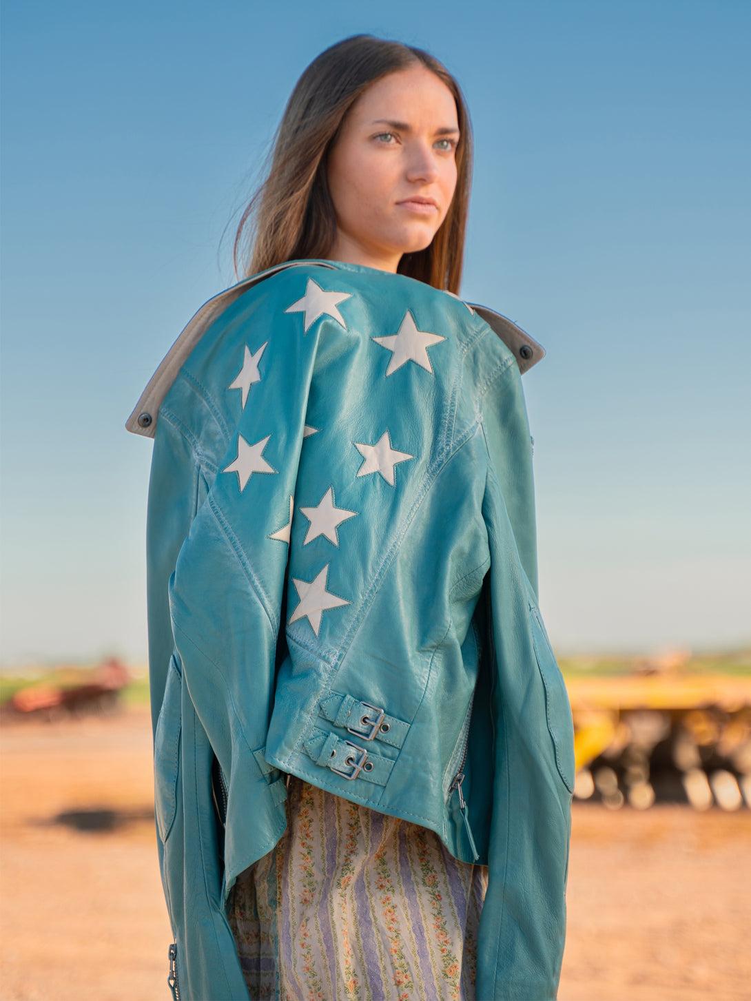 Conscious Coterie Christy Star Leather Jacket in sea green on model editorial image