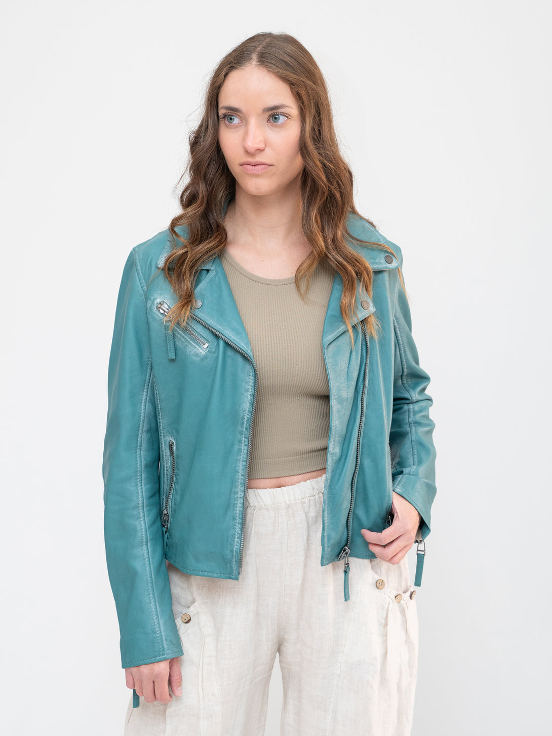 Conscious Coterie Christy Star Leather Jacket in sea green on model front view