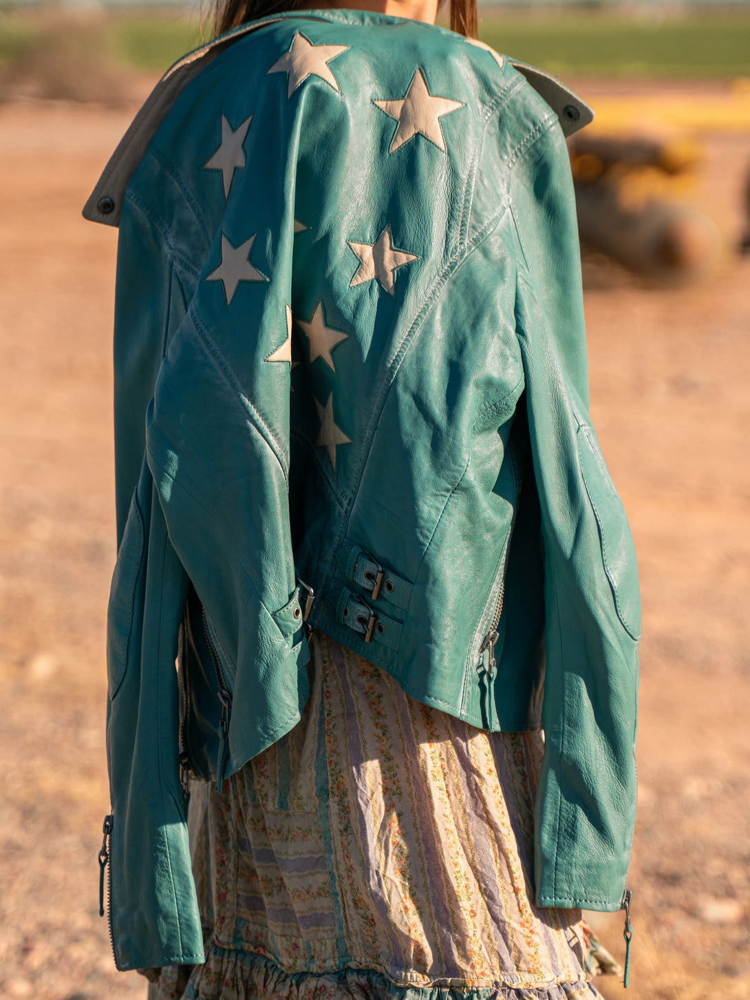 Conscious Coterie Christy Star Leather Jacket in sea green on model lifestyle image