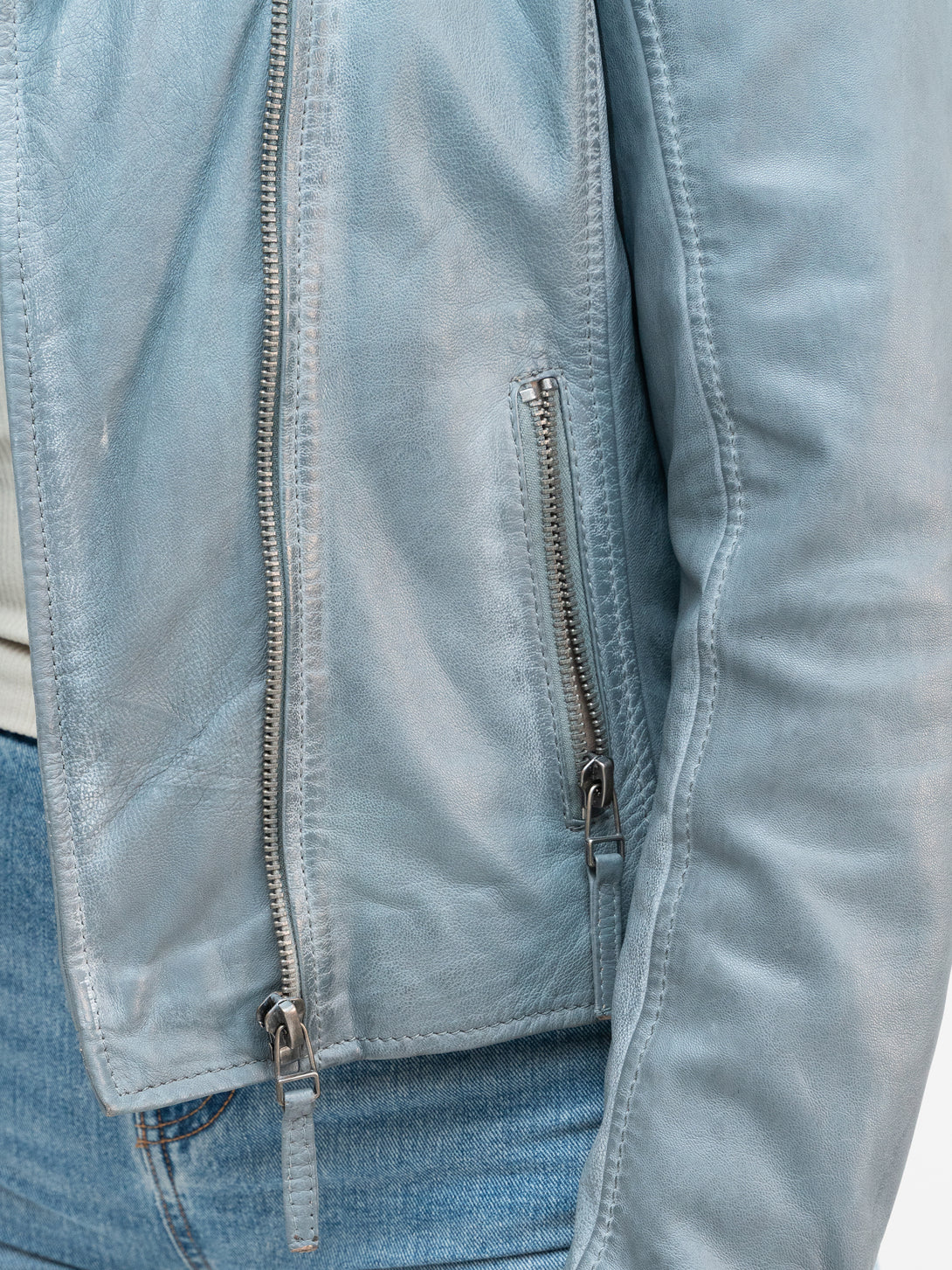 Conscious Coterie Christy Star leather jacket in winter sky blue detailed front view