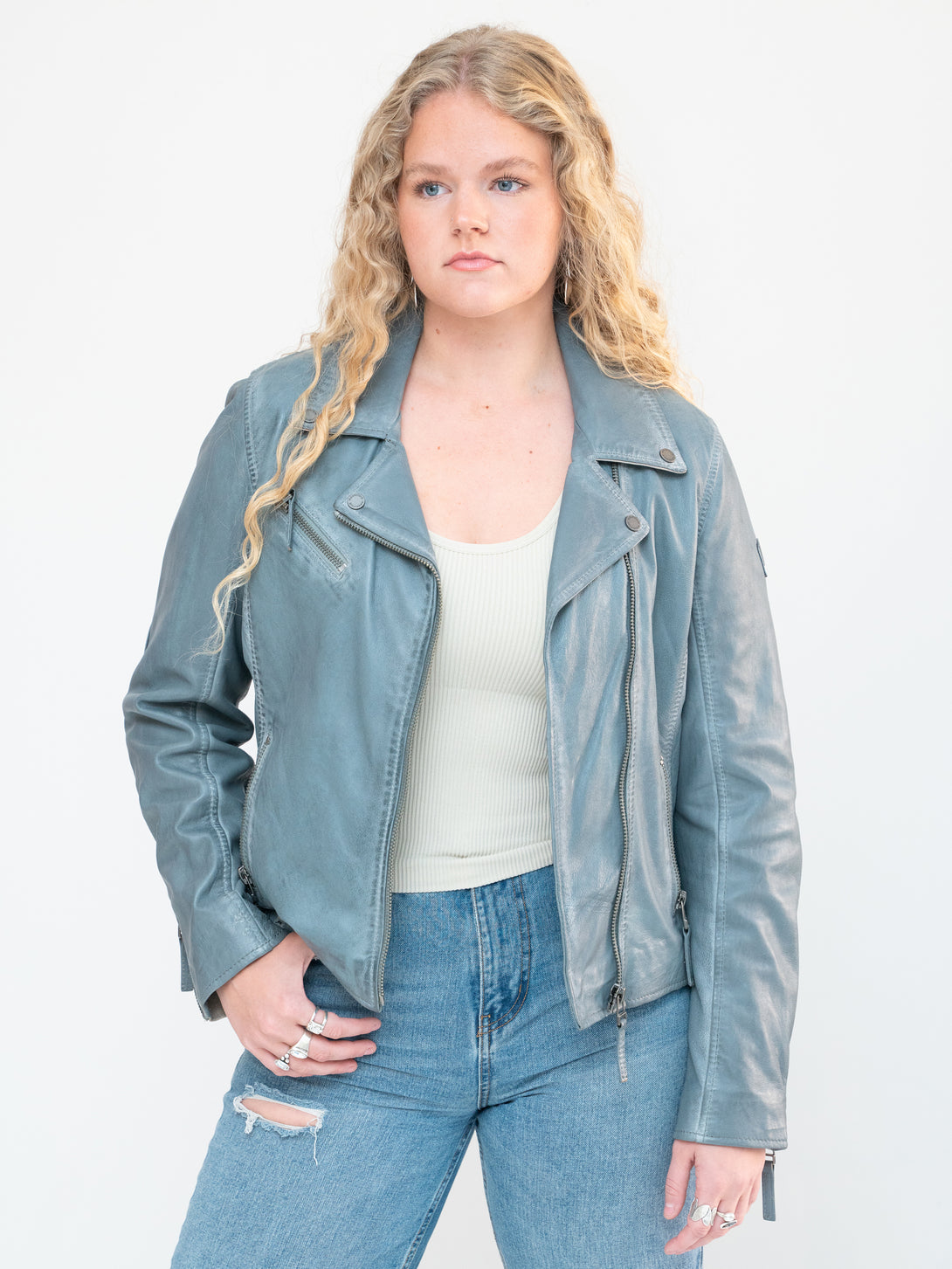 Conscious Coterie Christy Star leather jacket in winter sky blue on model front view