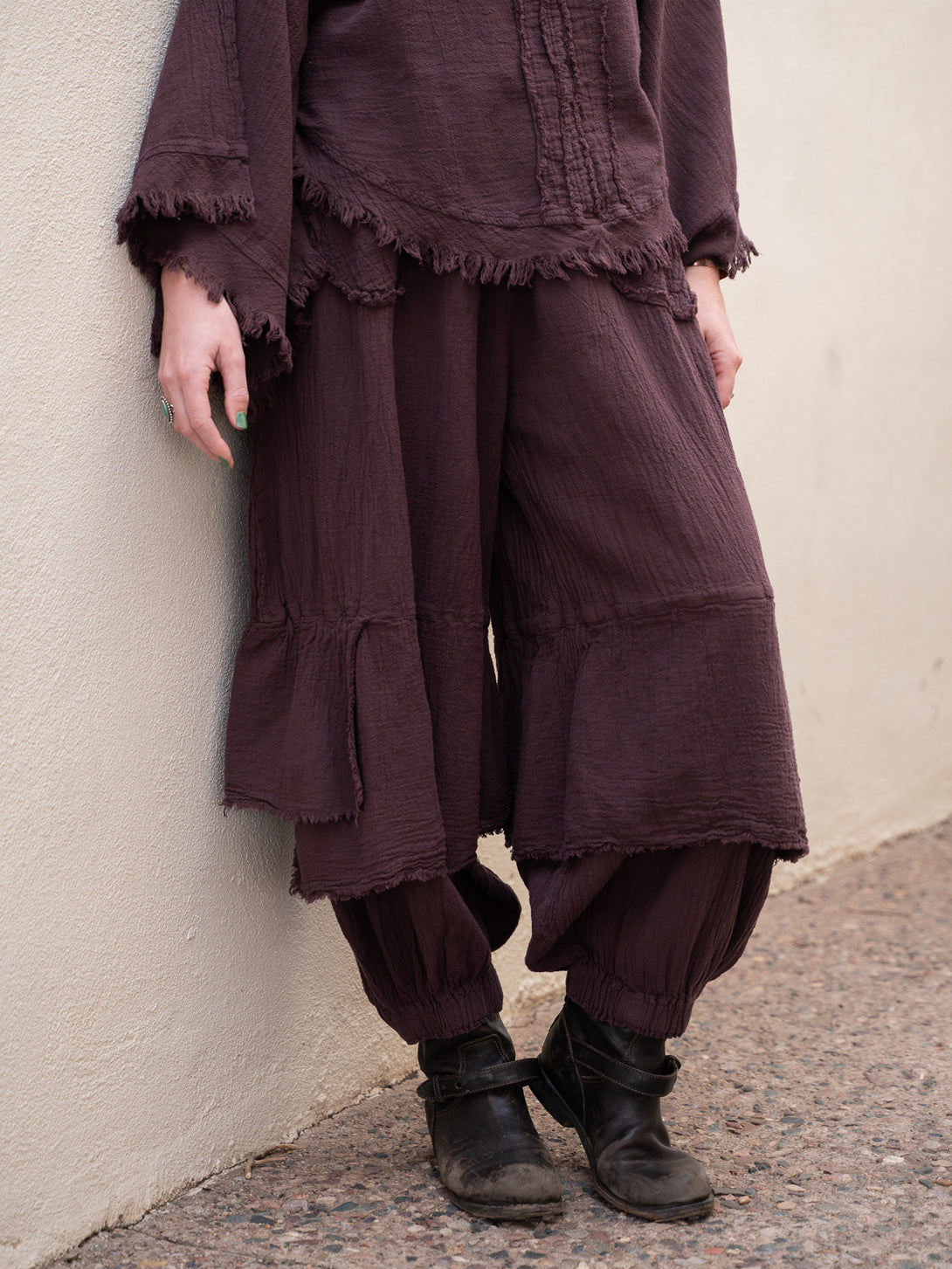 Conscious Coterie Dolly Pant in eggplant cotton on model front view