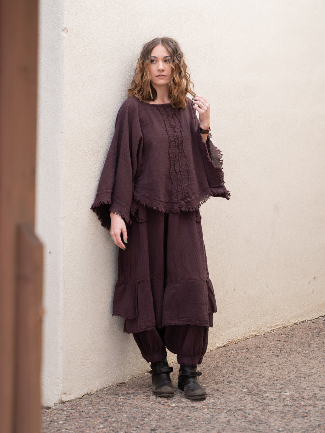 Conscious Coterie Dolly Pant in eggplant cotton on model full front view