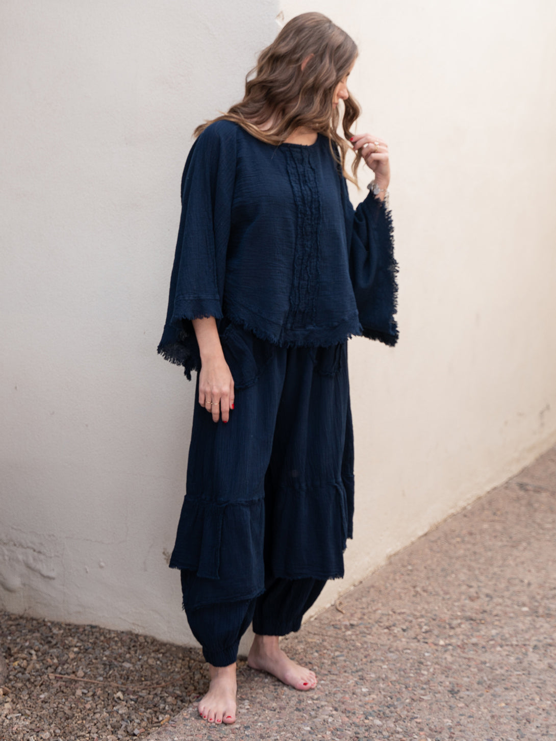 Conscious Coterie Dolly Pant in navy cotton on model full front view