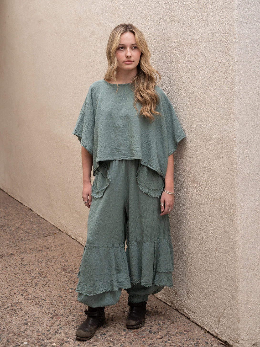 Conscious Coterie Dolly Pant in sea cotton on model full front view