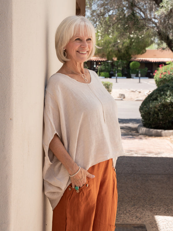 Conscious Coterie Felice Linen Top in beige on model front side view
