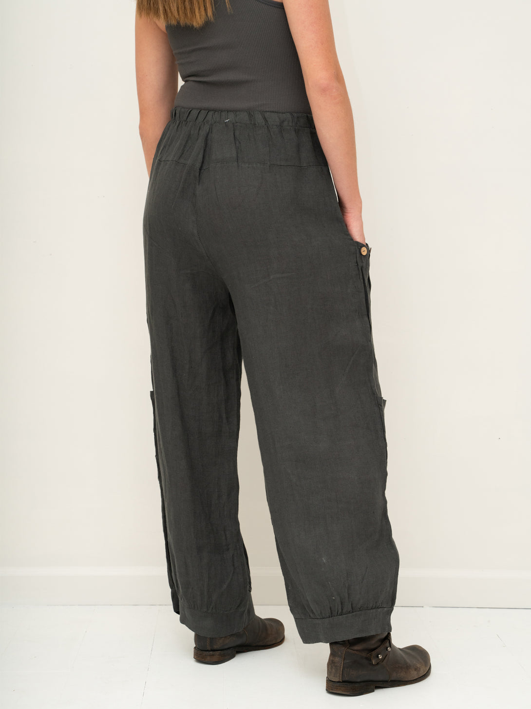 Conscious Coterie Holly Pant in charcoal on model studio shot back view