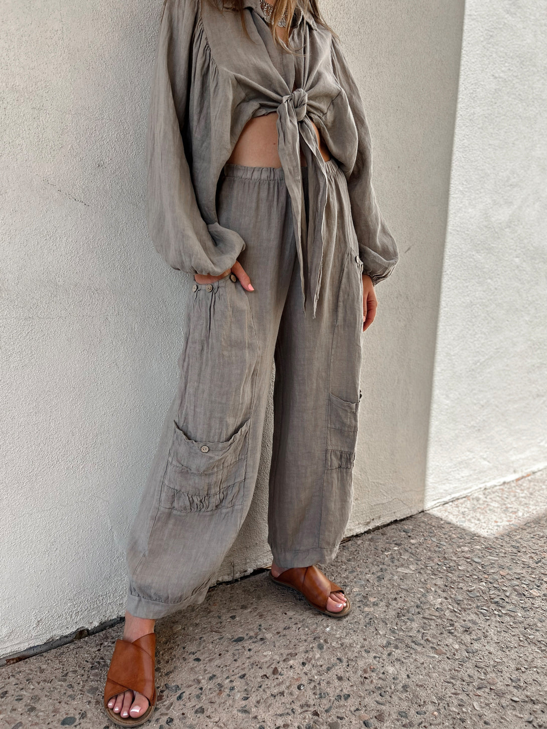 Conscious Coterie Holly Pant in Taupe on model front view