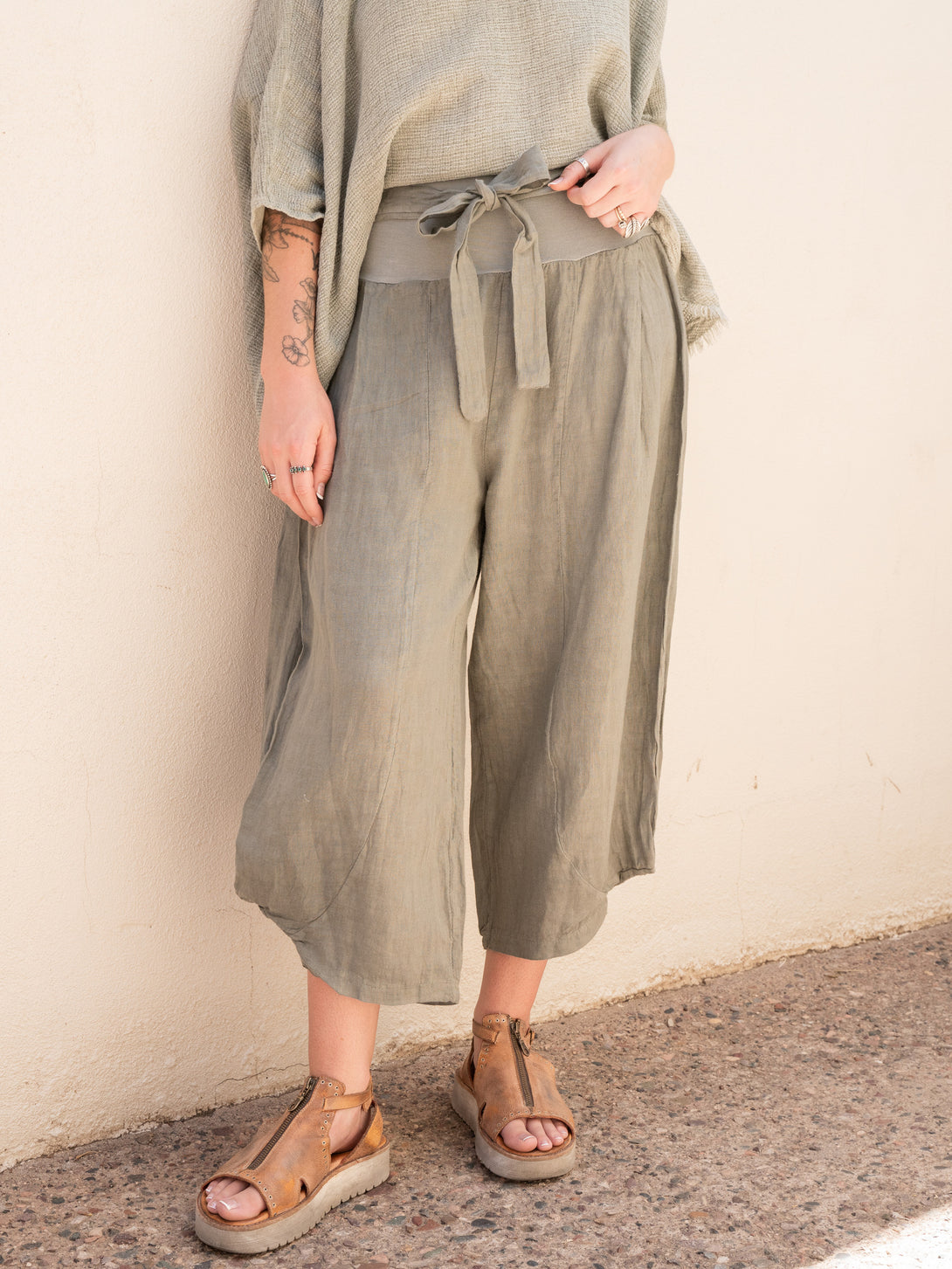 Conscious Coterie Izzy Linen Pant in olive on model front view
