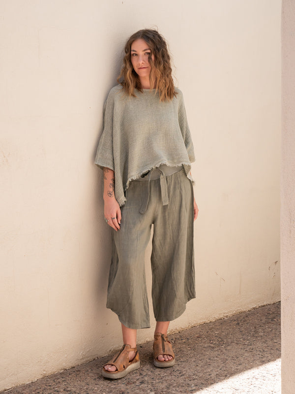Conscious Coterie Izzy Linen Pant in olive on model full front view