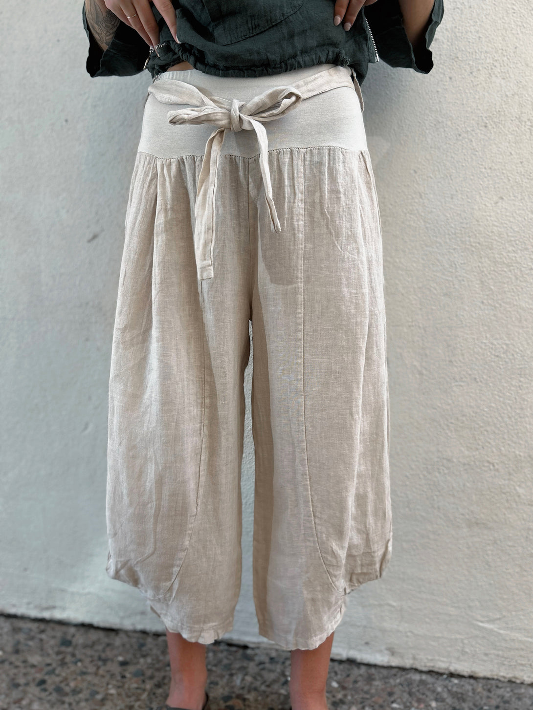 Conscious Coterie Izzy Pant in Beige on model front detail view