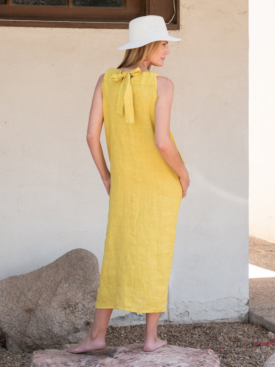 Conscious Coterie Jill Linen Dress in Mustard on model full back view