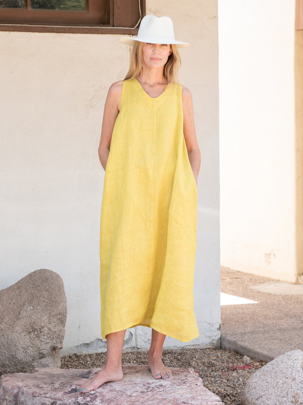 Conscious Coterie Jill Linen Dress in Mustard on model full front view