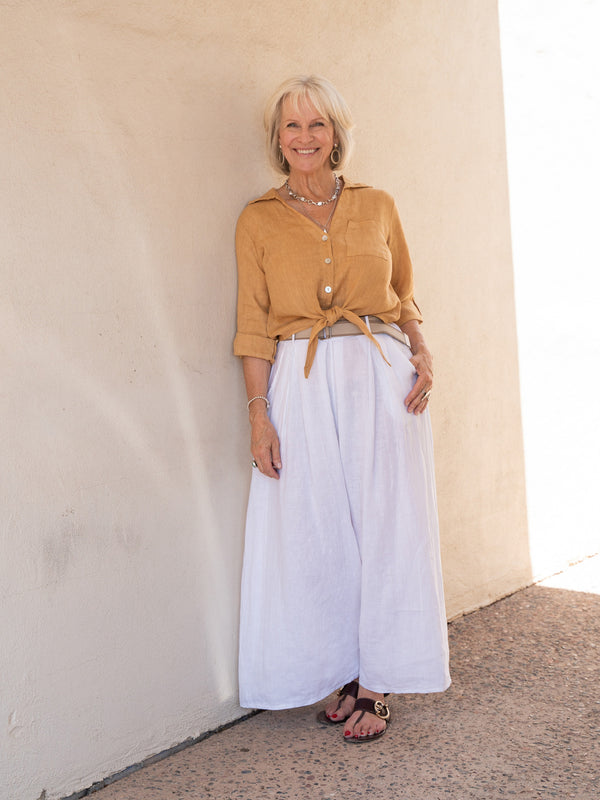 Conscious Coterie Jodi Linen Top in Camel on model full front view