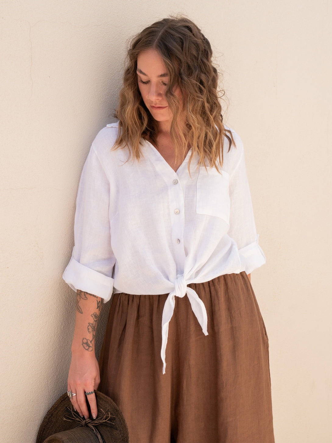 Conscious Coterie Jodi Linen Top in White on model front view