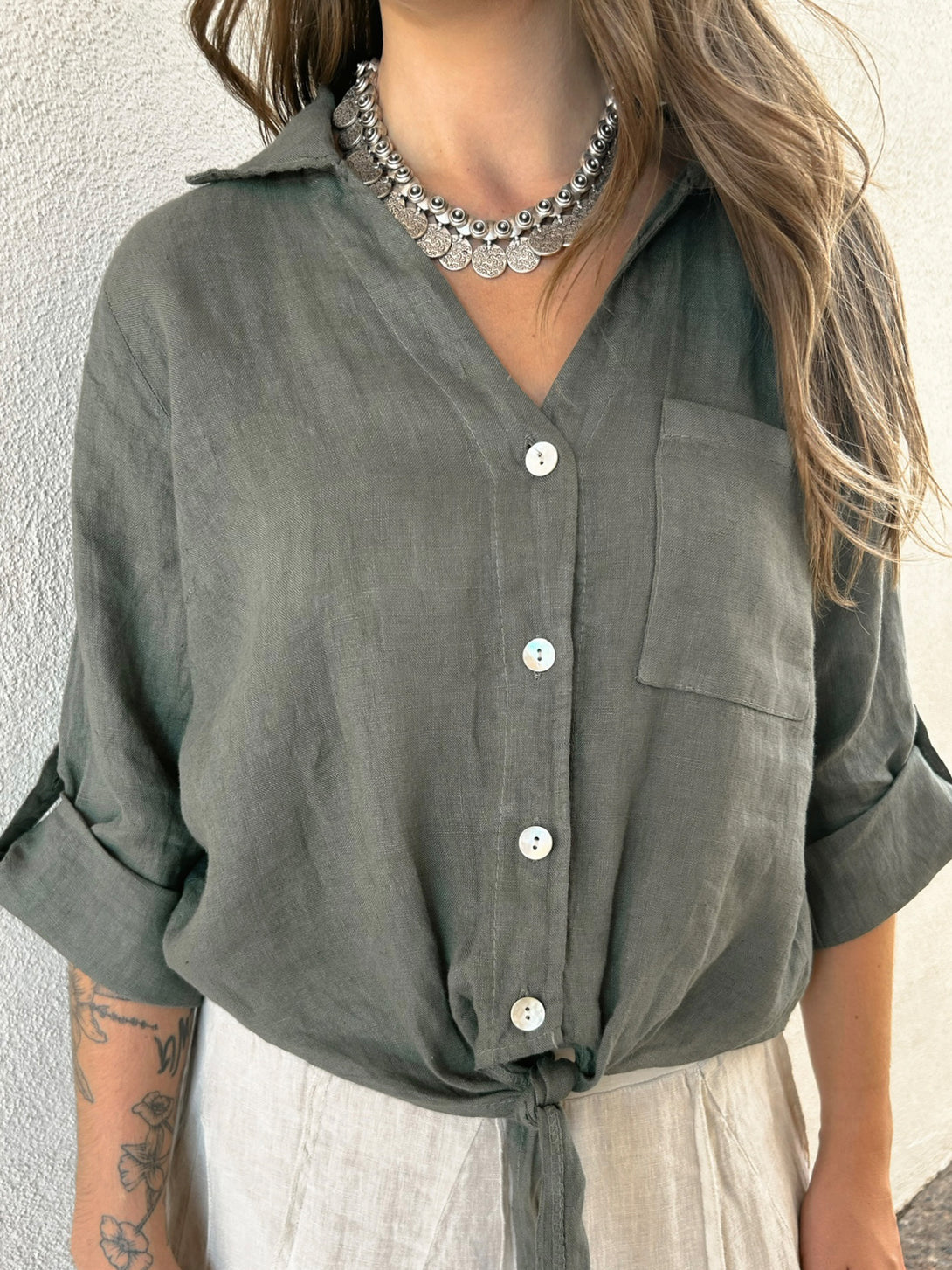 Conscious Coterie Jodi Top in Olive on model front detail view