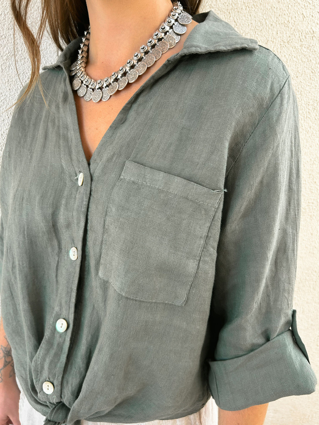 Conscious Coterie Jodi Top in Olive on model side detail view