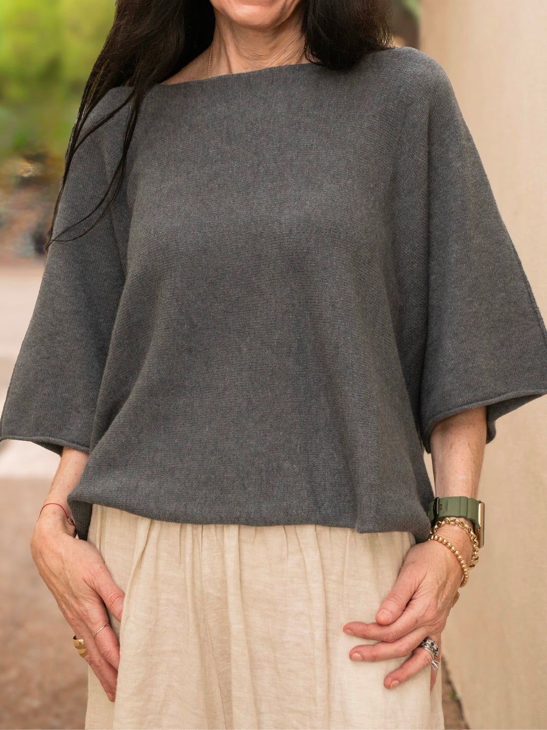 Conscious Coterie Katie Short Sleeve Sweater in charcoal on model front torso view