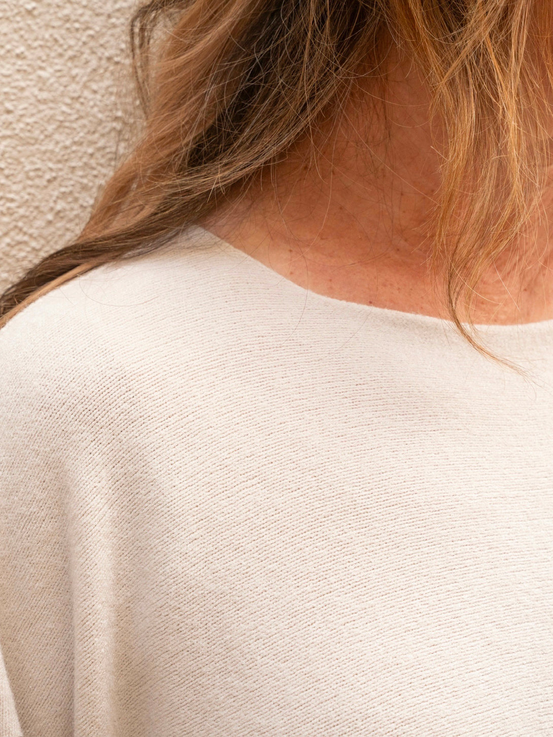 Conscious Coterie Katie Short Sleeve Sweater in light beige on model detail neck view
