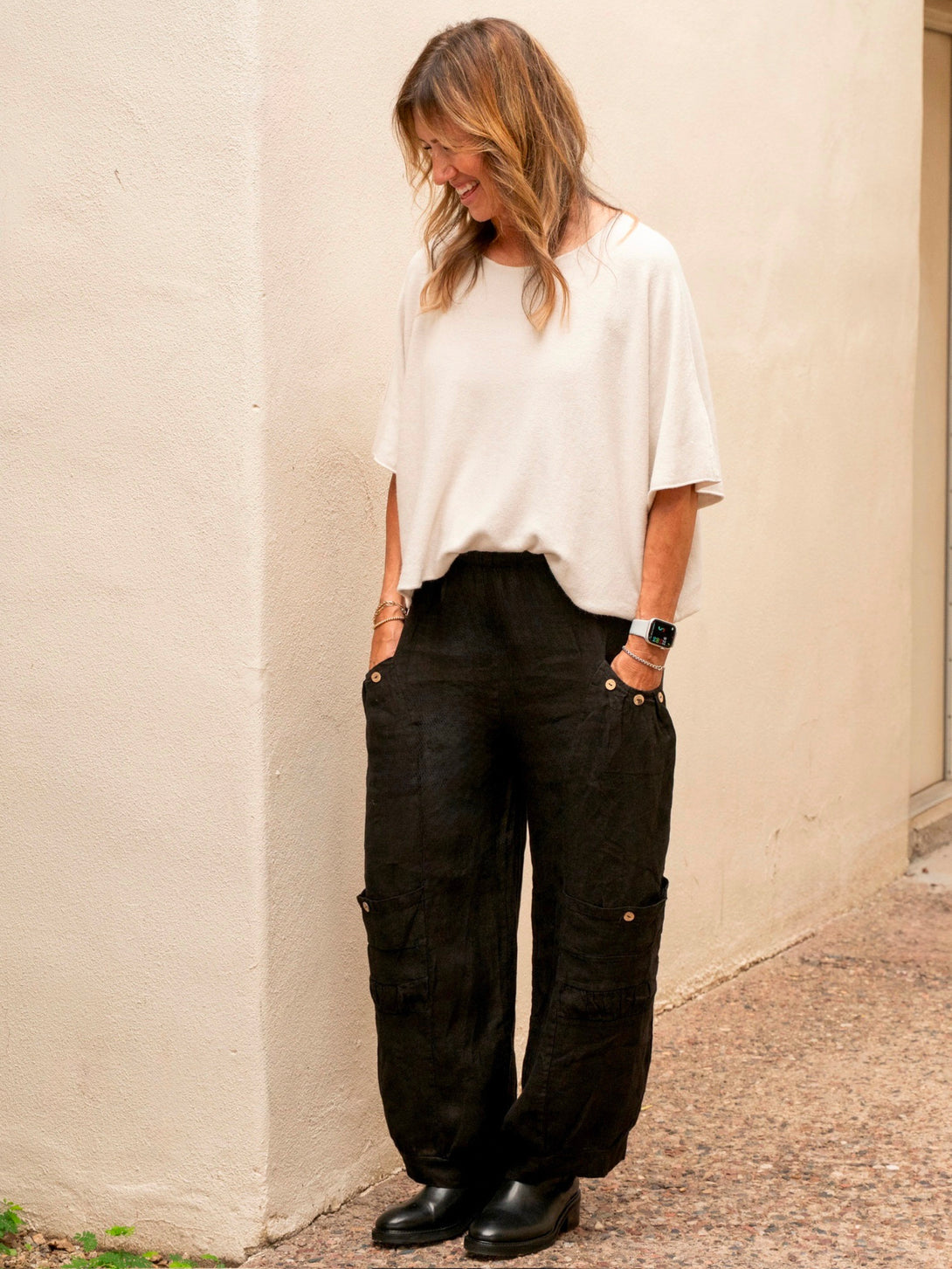 Conscious Coterie Katie Short Sleeve Sweater in light beige on model full front view