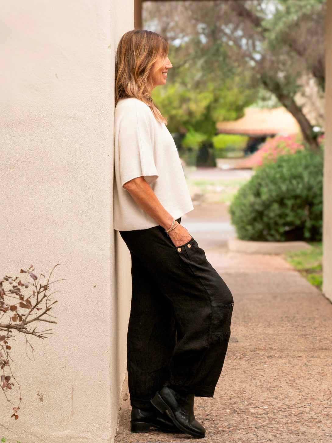 Conscious Coterie Katie Short Sleeve Sweater in light beige on model full side view