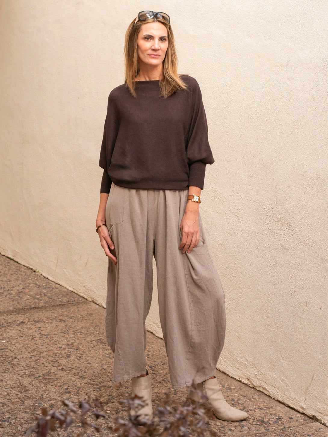 Conscious Coterie Kayla Long Sleeve Sweater in dark brown on model full front view