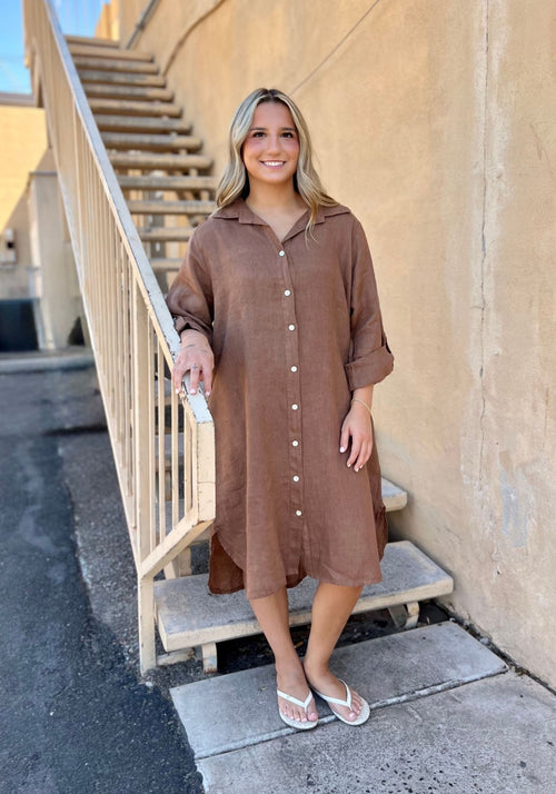 womens brown linen dress Brown Bliss Linen Dress - Cap Sleeves, Boat Neck & Princess Seams