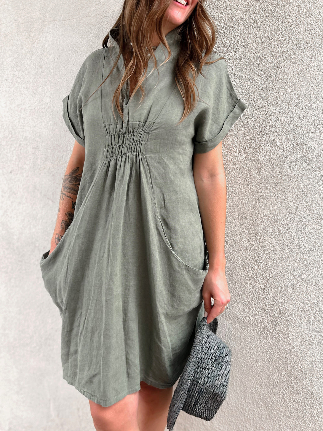 Conscious Coterie Kimmie Dress in Olive on model front view