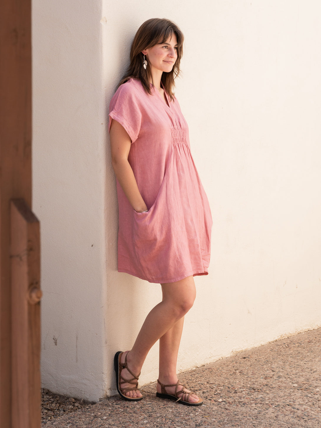 Conscious Coterie Kimmie Linen Dress in Dark Pink on model full front side view