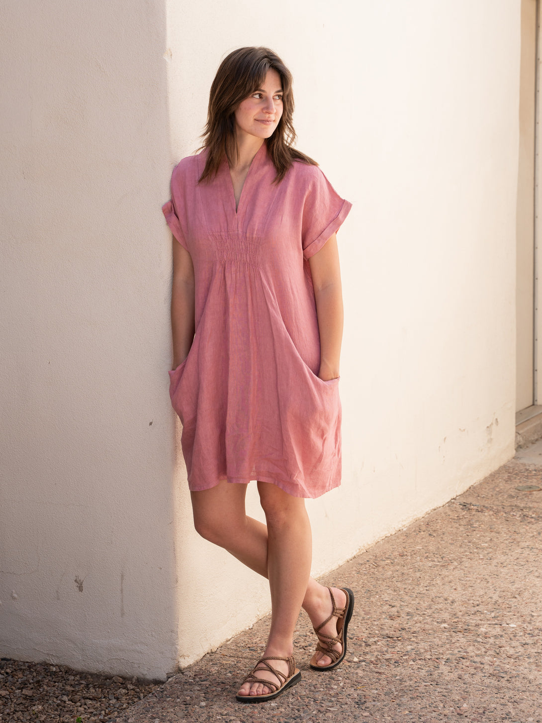 Conscious Coterie Kimmie Linen Dress in Dark Pink on model looking left