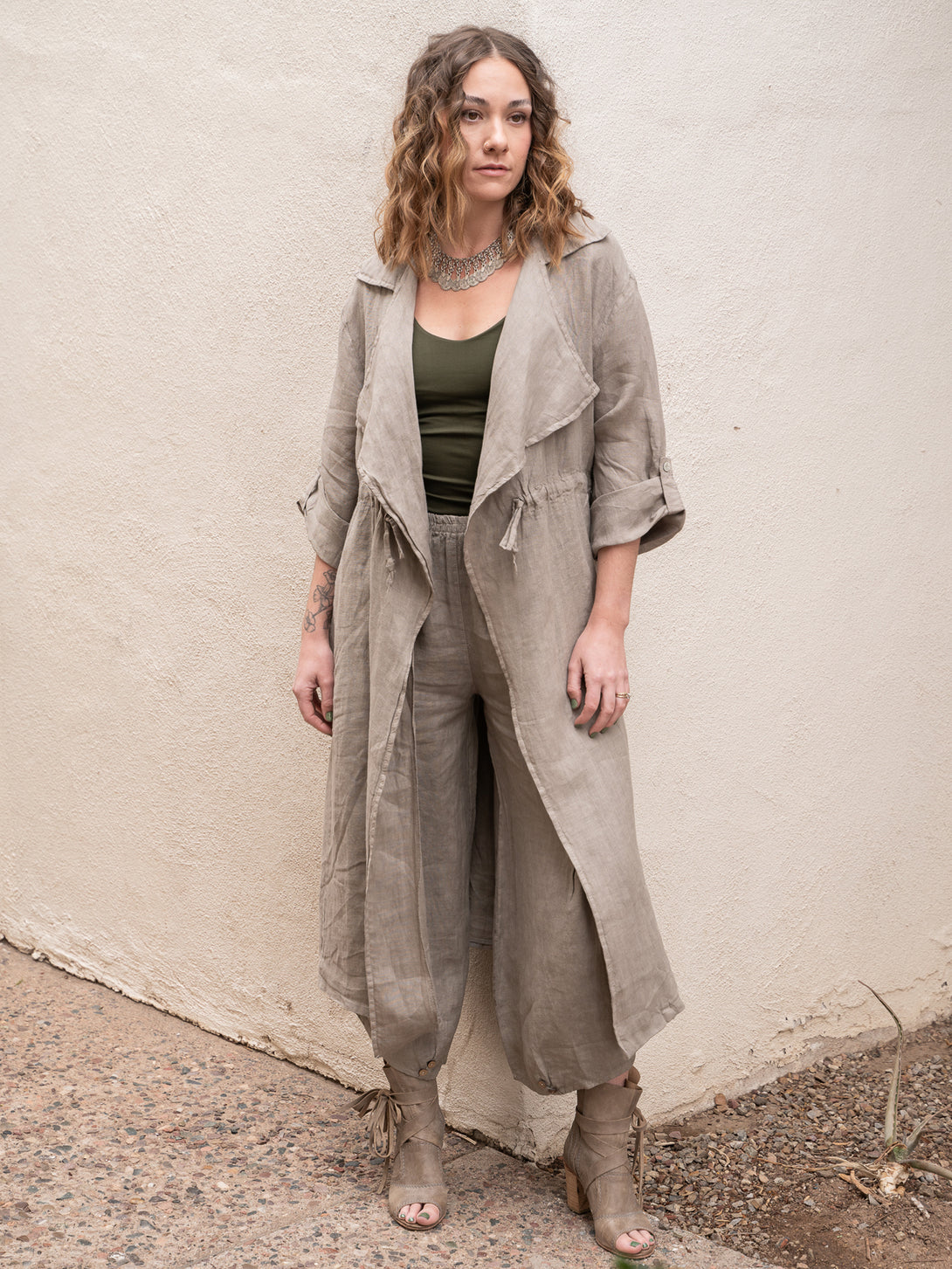 Conscious Coterie Lany Linen Cardigan in taupe on model full front view