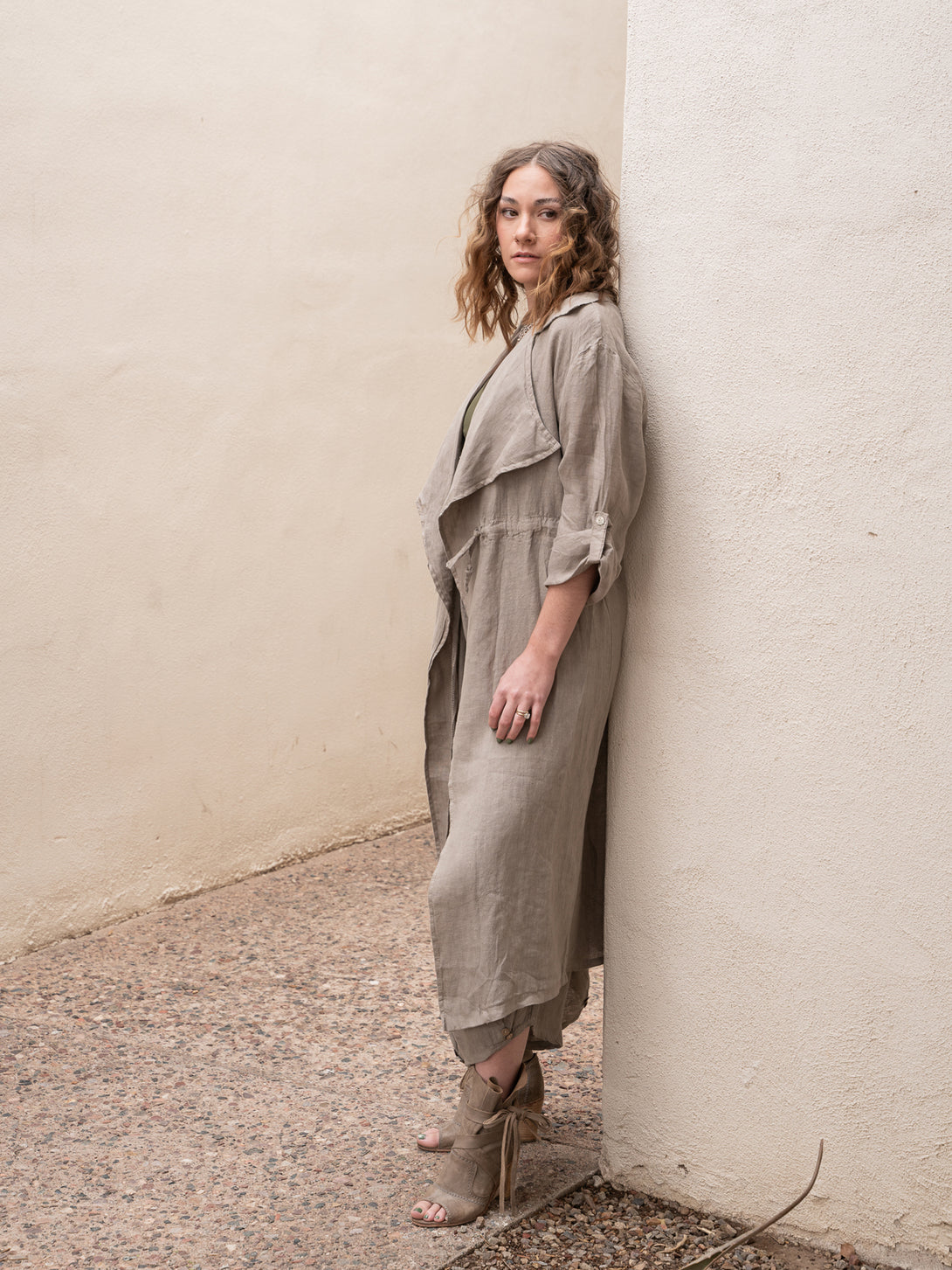 Conscious Coterie Lany Linen Cardigan in taupe on model full side view