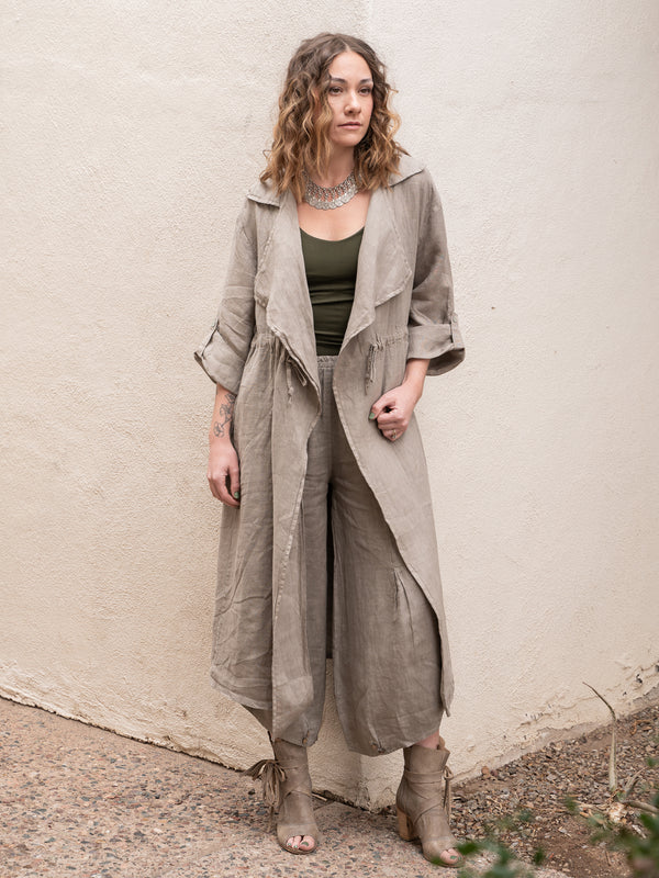 Conscious Coterie Lany Linen Cardigan in taupe on model main full front view