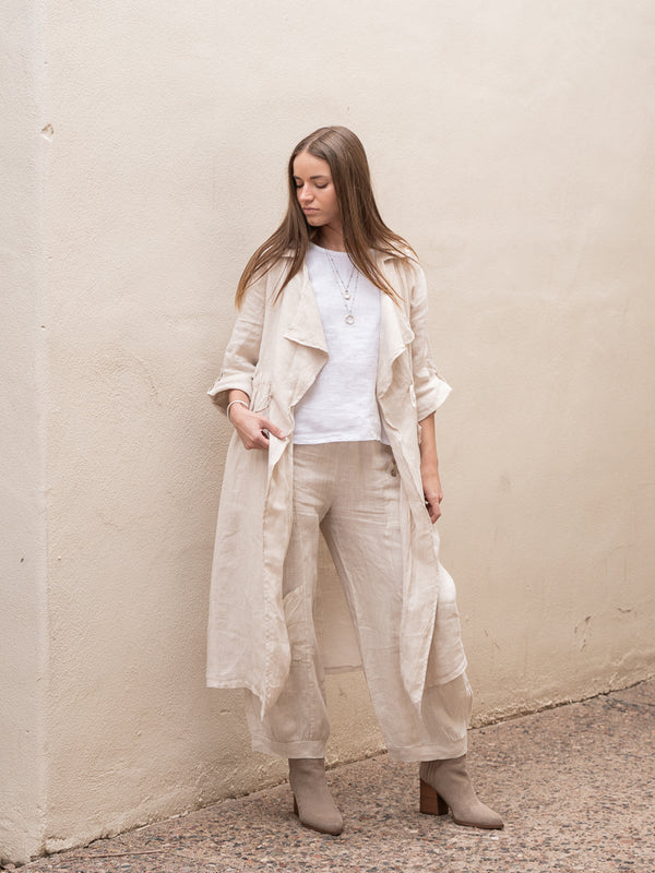 Conscious Coterie Lany Linen Cardigan in beige on model full front view