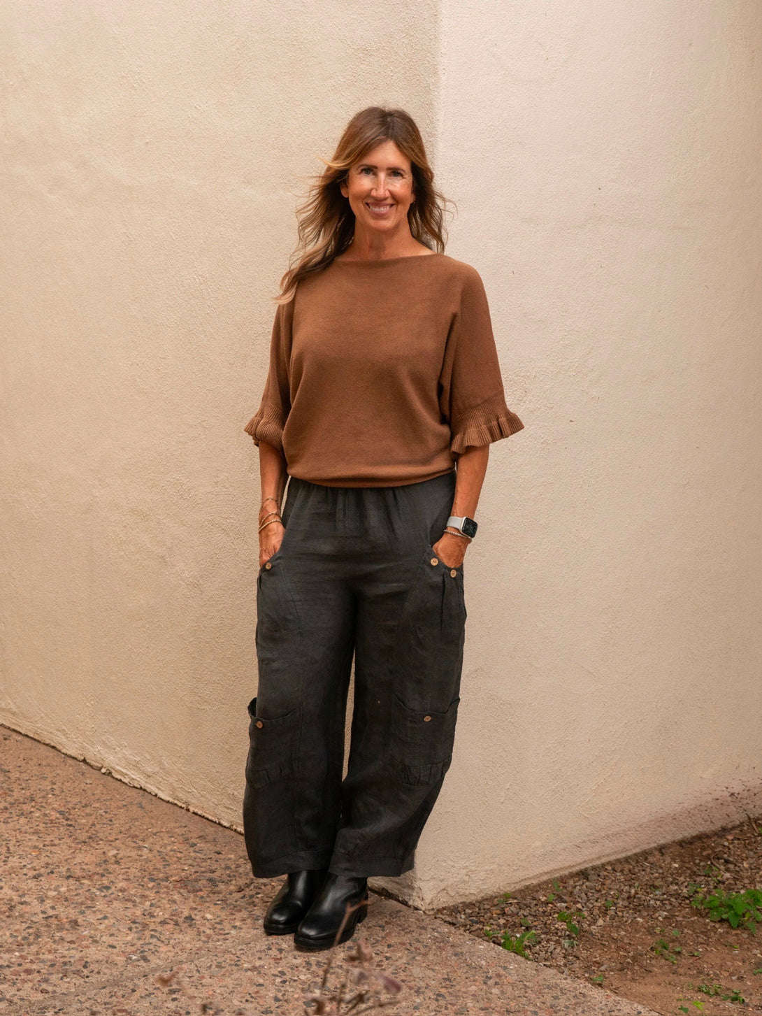 Conscious Coterie Lila Ruffle Sleeve Sweater in tobacco on model full front view