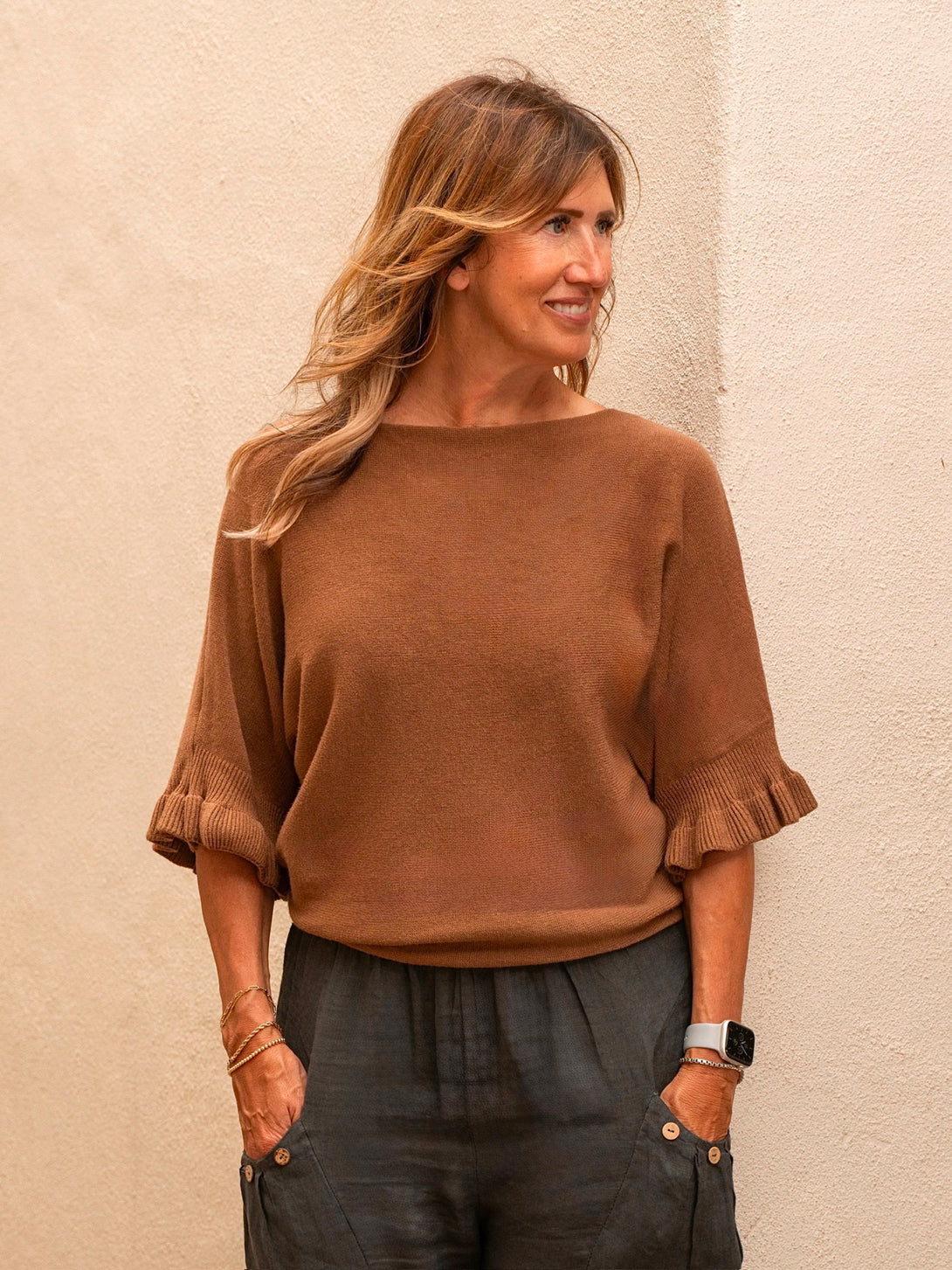 Conscious Coterie Lila Ruffle Sleeve Sweater in tobacco on model looking left front view
