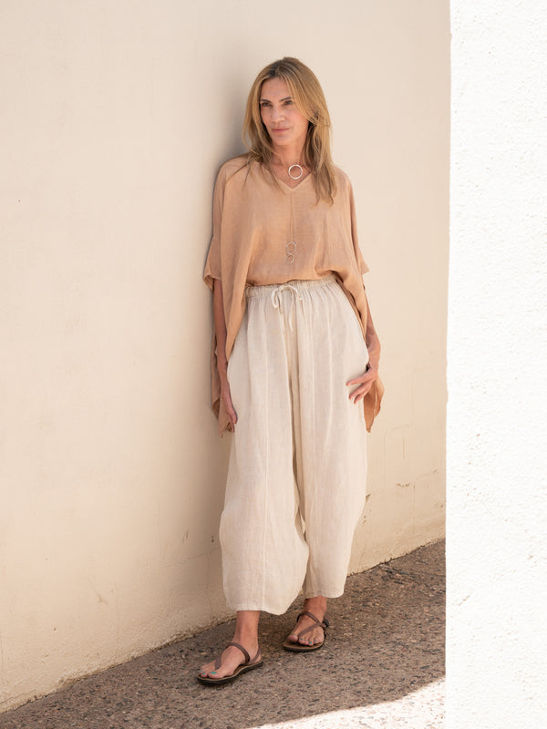 Conscious Coterie Mel Linen Pant in Beige on model full front view