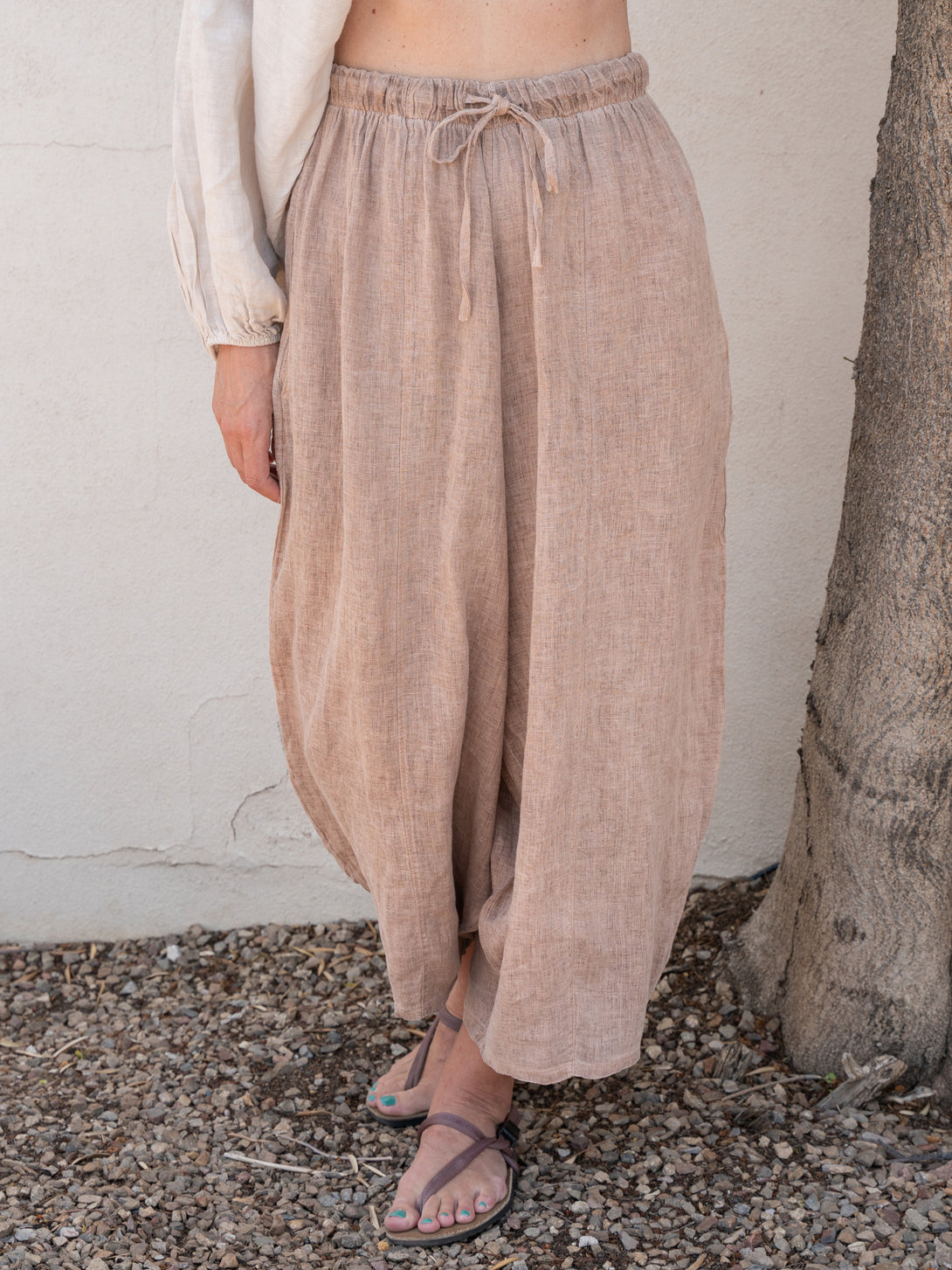 Conscious Coterie Mel Linen Pant in Brown on model front view