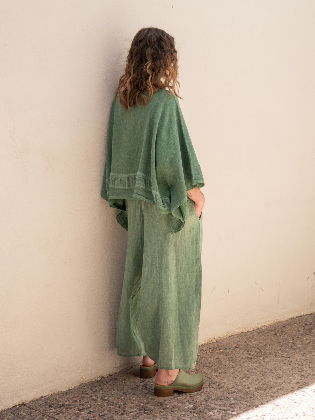 Conscious Coterie Mel Linen Pant in Forest Green on model full back view