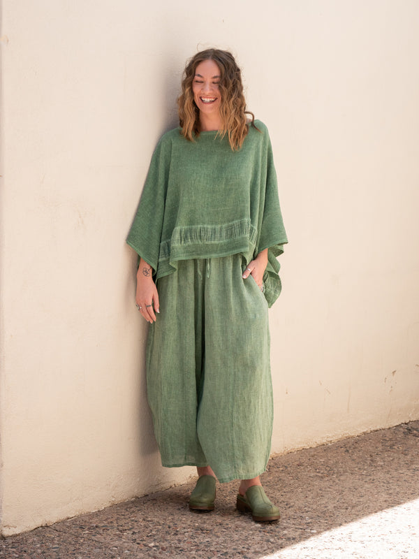 Conscious Coterie Mel Linen Pant in Forest Green on model full front view
