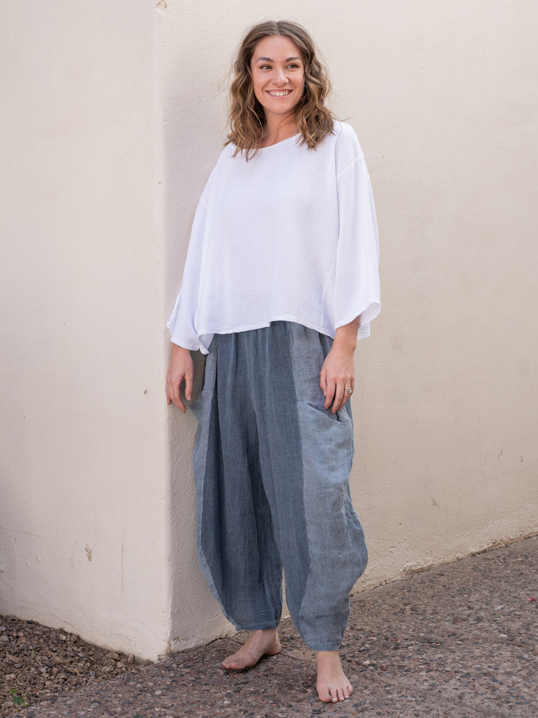 Conscious Coterie Michelle Linen Pant in Navy on model full front view